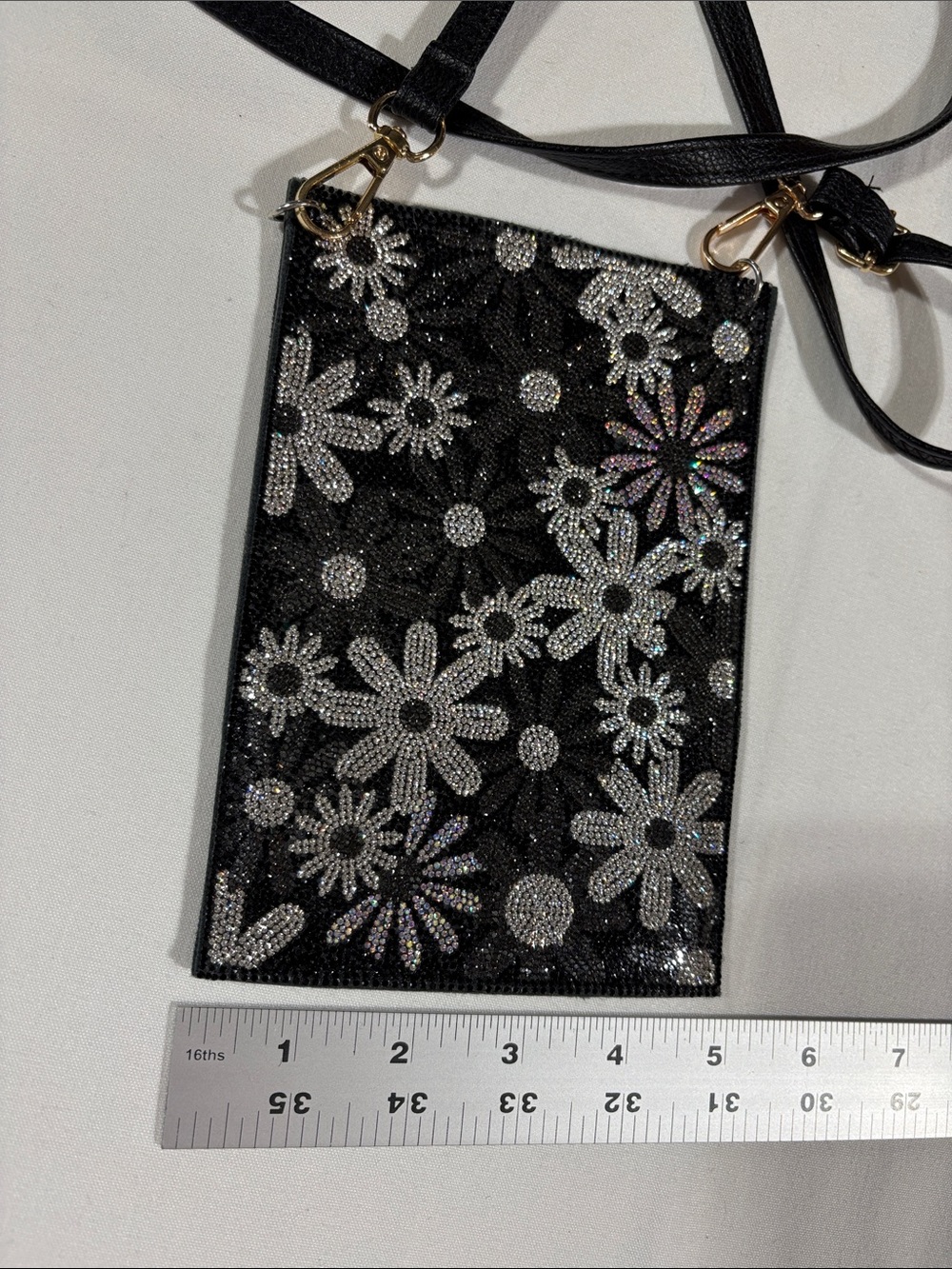 Black Floral Crystal Crossbody Leather Pouch 5” x 7”  New! - Picture 10 of 12